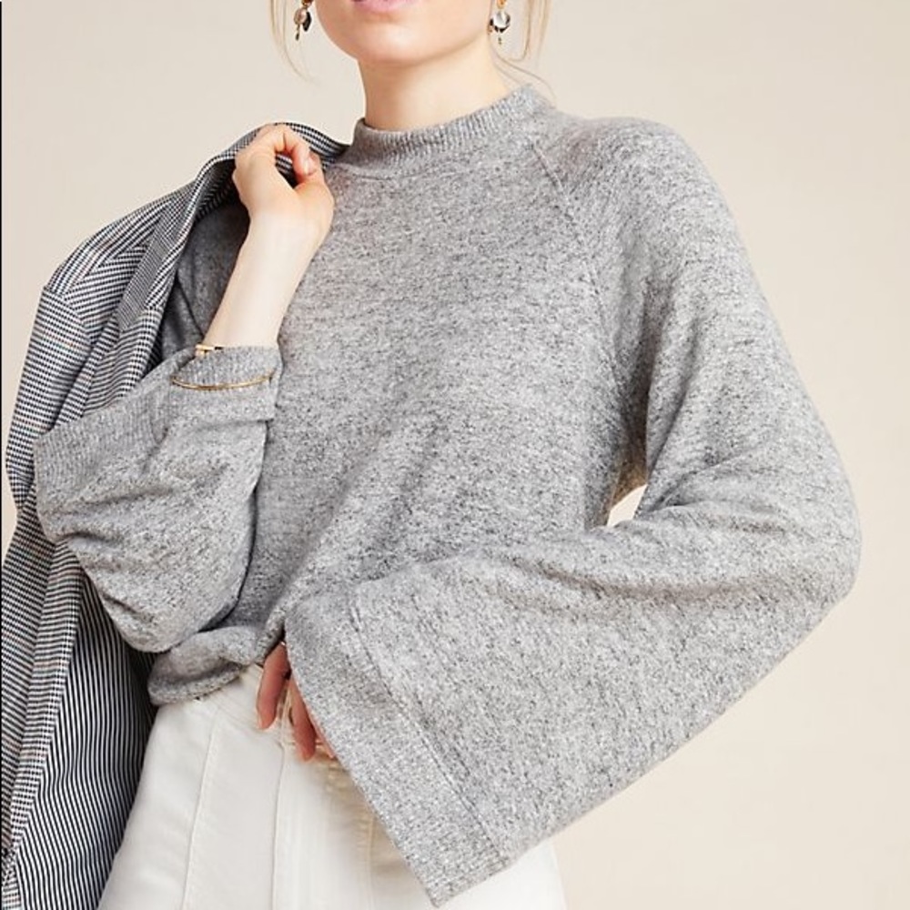 Anthropologie Heather Gray Mock Neck Bell Sleeve Sweater